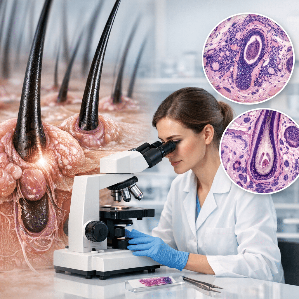 Mikroskop med en kvinde, der undersøger hudprøver relateret til dermatopatologi og hårsække.