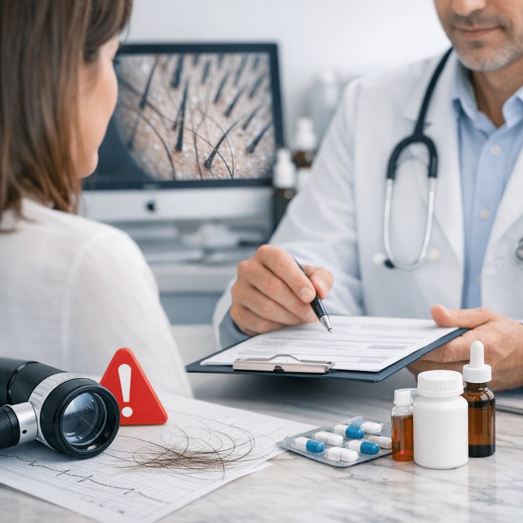 Læge der viser en patient en clipboard med information om hårtab, med medicin og værktøjer på bordet.