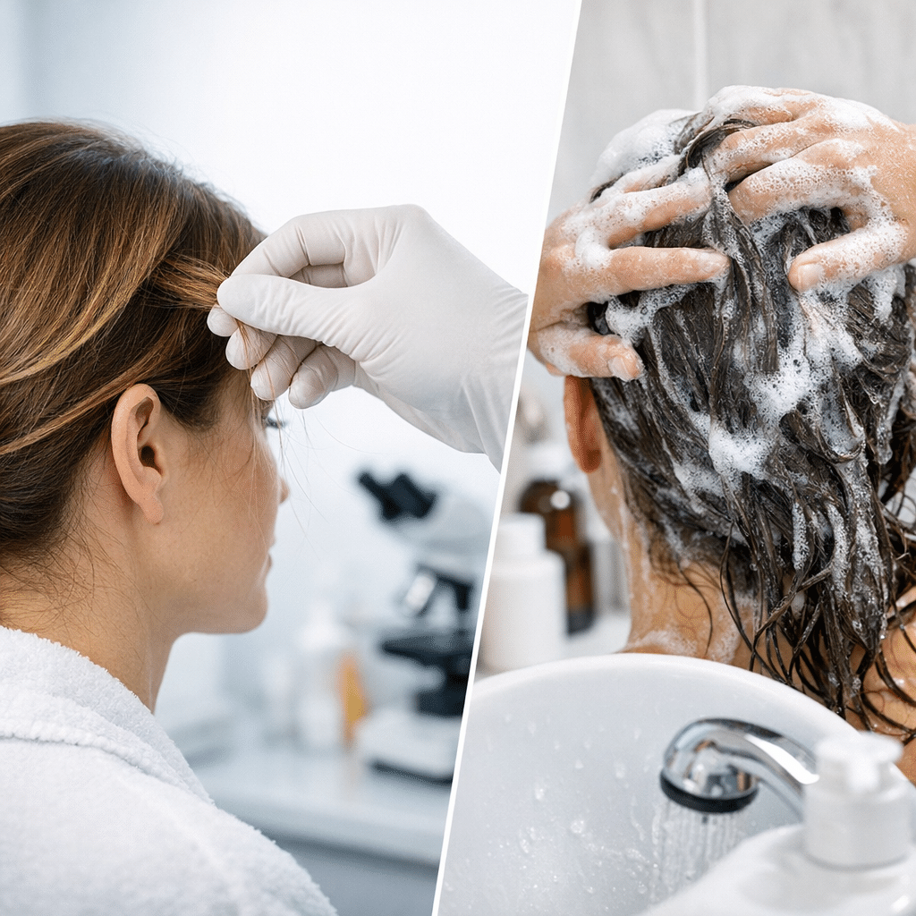 En person får udført en hårtest, mens en anden person vasker sit hår med shampoo i bruseren.