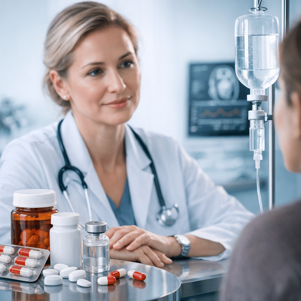 Læge i hvid kittel, der diskuterer behandling med en patient, mens medicin og intravenøs pose er synlige.