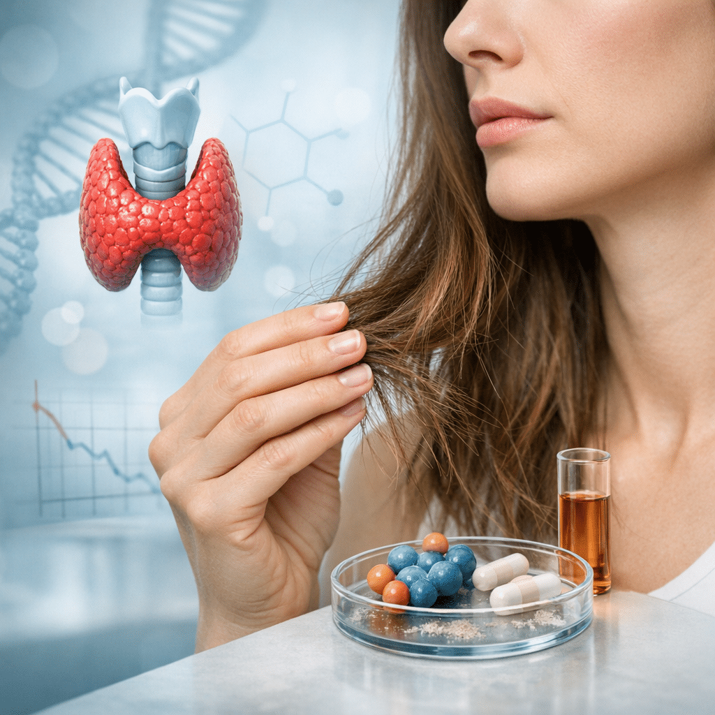 Illustration af thyroidea med kosttilskud og hår, der viser sammenhængen mellem skjoldbruskkirtel og hårkvalitet.